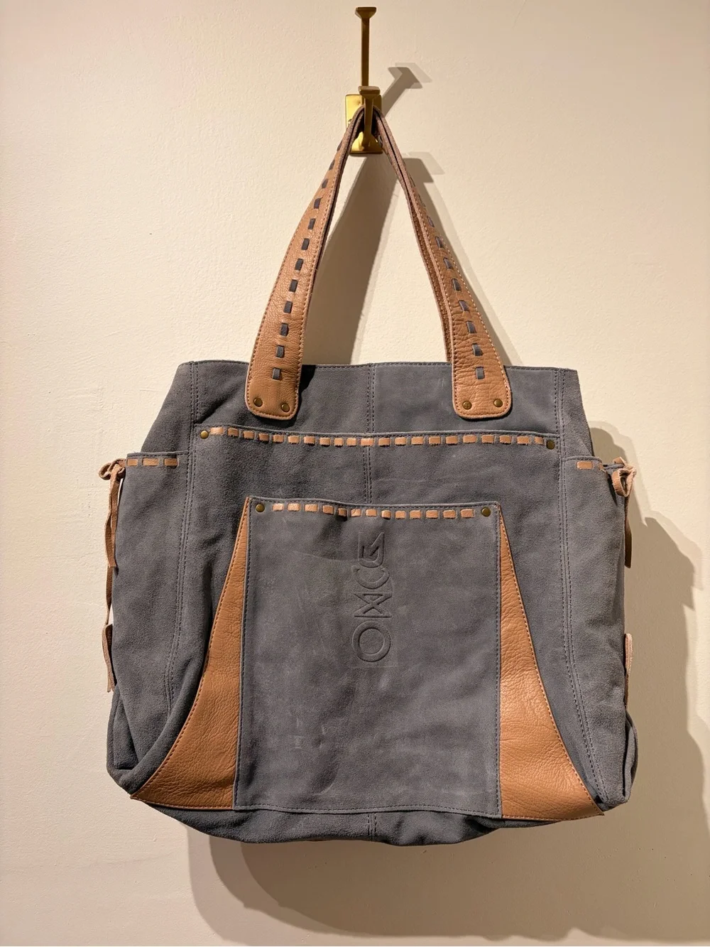 Muxo Camila Alves Large Leather Suede Linen Tote with Pockets Dusty Blue Tan